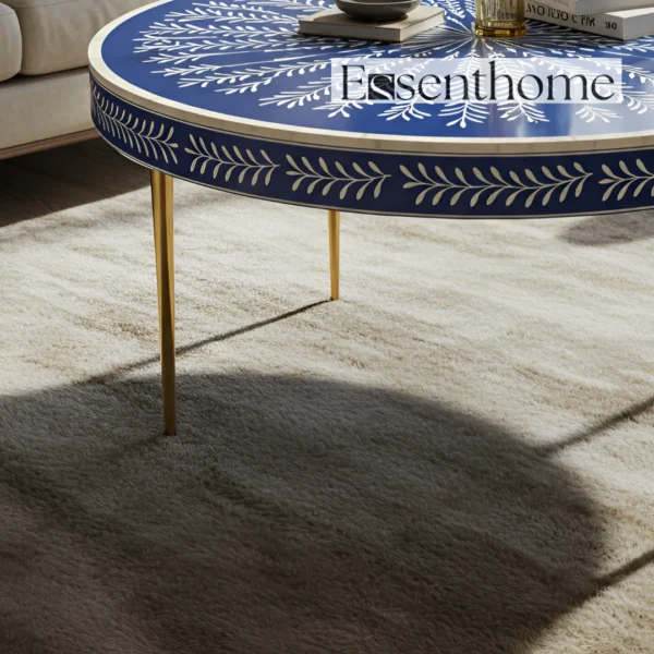 Essenthome Blue Bone Inlay Round Coffee Table ? Handmade Floral Accent Table - Image 3