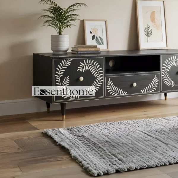 Essenthome Black Floral Inlay Wooden TV Unit ? Handcrafted Media Console with Storage - Image 3