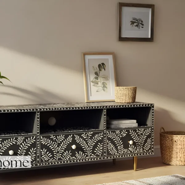 Essenthome Black Floral Inlay Wooden TV Unit ? Handcrafted Media Console with Storage - Image 3