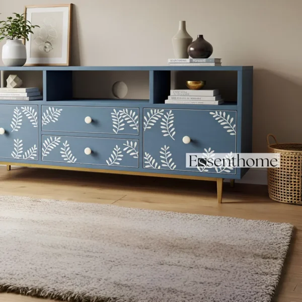Essenthome Blue Floral Inlay Wooden TV Unit ? Handcrafted Media Console with Storage - Image 4