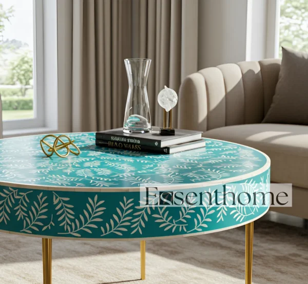 Essenthome Green Bone Inlay Round Coffee Table ? Handmade Floral Accent Table with Gold Metal Legs - Image 3