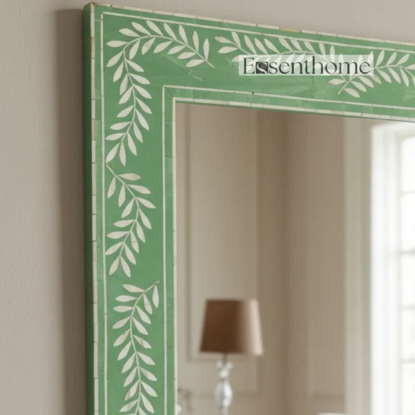 Handmade Bone Inlay Wall Mirror Floral Pattern Green ? Free Photo Frame - Image 3