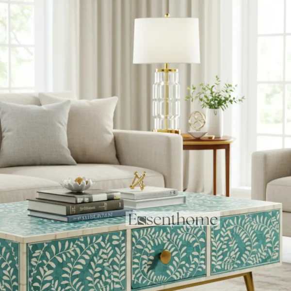 Essenthome Teal Bone Inlay Coffee Table with Storage & Brass Legs - Image 3