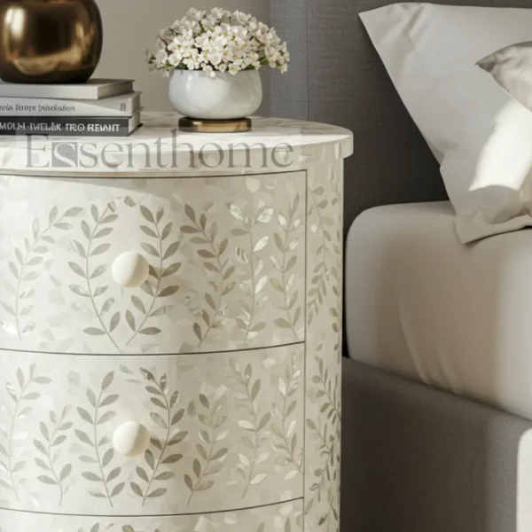 White Floral Mother of Pearl Round Nightstand – Handmade 3 Drawer Bedside Table - Image 3