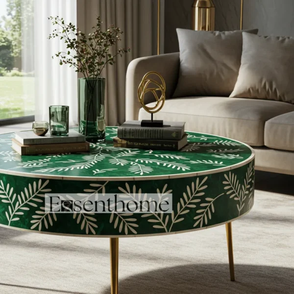 Essenthome Green Bone Inlay Round Coffee Table ? Handmade Floral Accent Table with Gold Metal Legs - Image 3