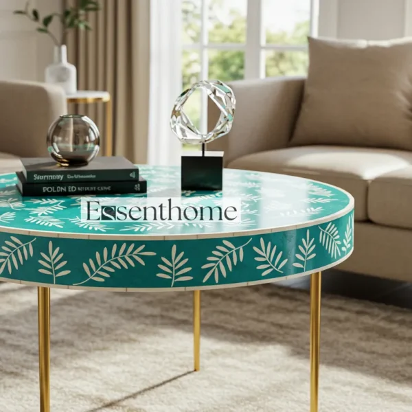 Essenthome Green Bone Inlay Round Coffee Table ? Handmade Floral Accent Table with Gold Metal Legs - Image 3