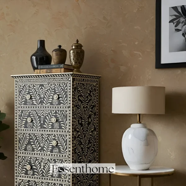 Handmade Black Bone Inlay Tallboy Dresser ? 6 Drawer Floral Storage Cabinet - Image 3