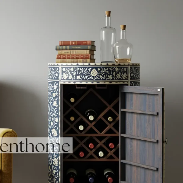 Essenthome Blue Floral Bone Inlay Wine Wooden End Table - Image 3