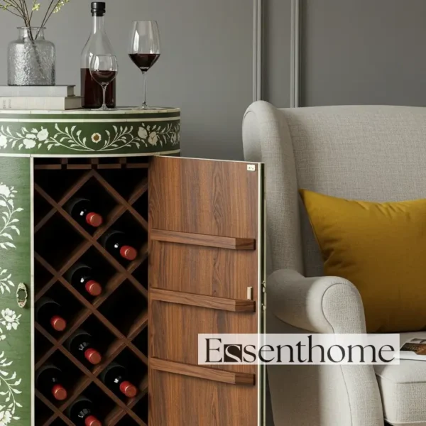Essenthome Pink Floral Bone Inlay Wine Cabinet – Handmade bar storage cabinet with Glass & Bottle Holders - Image 3