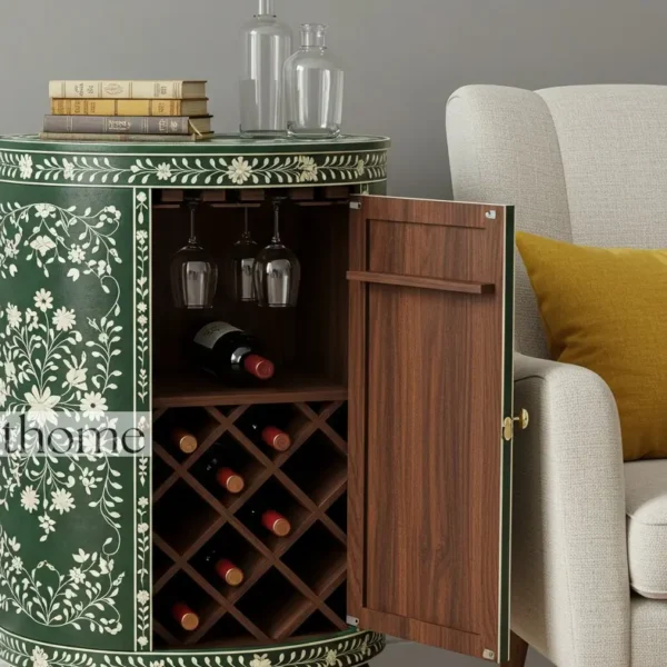 Essenthome Green floral bone inlay wine cabinet – Handcrafted Wooden End Table - Image 3