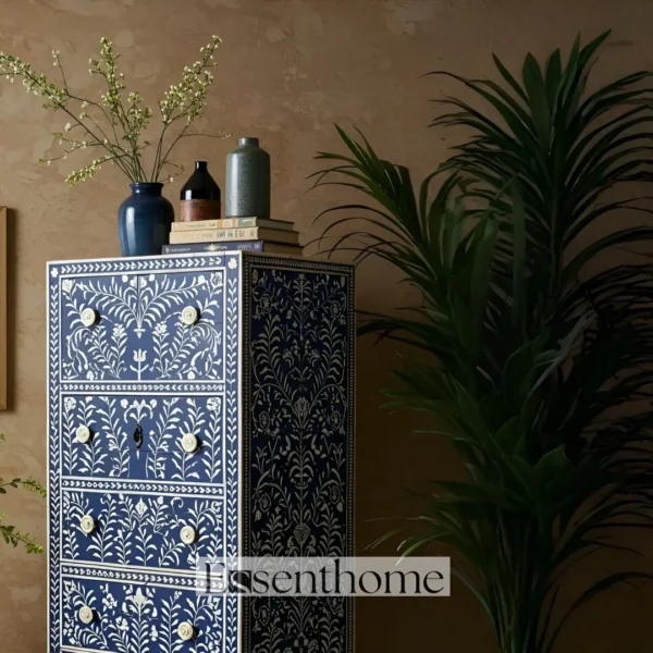 Handmade Blue Bone Inlay Tallboy Dresser ? 5 Drawer Floral Storage Cabinet - Image 3
