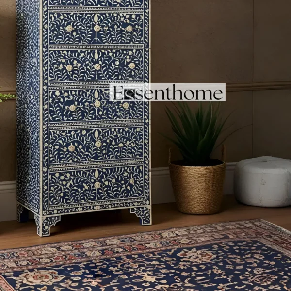 Handmade Navy blue Bone Inlay Tallboy Dresser ? 6 Drawer Floral Storage Cabinet - Image 3