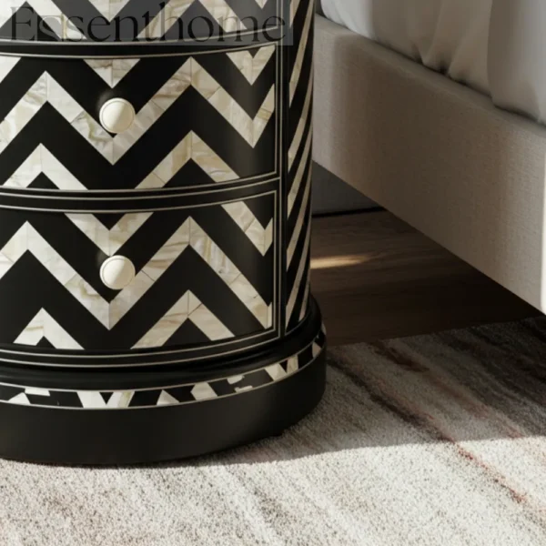 Black & White Chevron Round Nightstand – Handmade 3 Drawer Table - Image 5