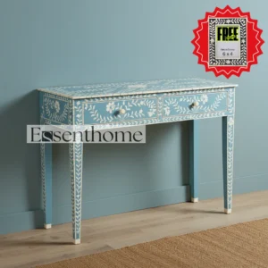 Handmade Blue Bone Inlay Console Table by Essenthome ? Elegant Floral Pattern Desk with Storage Drawers