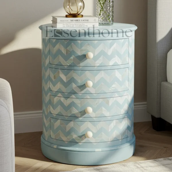 Sky Blue Chevron Round Nightstand – 4 Drawer Handmade Table