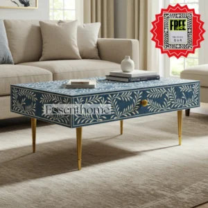 “Blue Bone Inlay Coffee Table – Handmade Wooden Centre Table with Gold Accents”