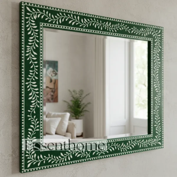 Handmade Bone Inlay Wall Mirror Floral Pattern Green ? Free Photo Frame