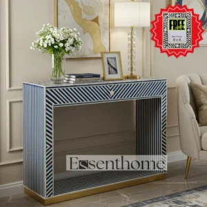 Handmade Bone Inlay Console Table Striped Design ? Blue + Free Frame