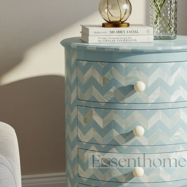 Sky Blue Chevron Round Nightstand – 4 Drawer Handmade Table - Image 2