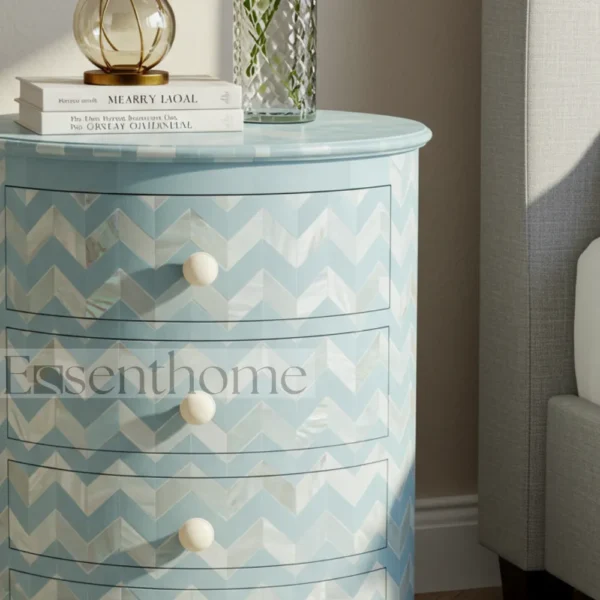 Sky Blue Chevron Round Nightstand – 4 Drawer Handmade Table - Image 3