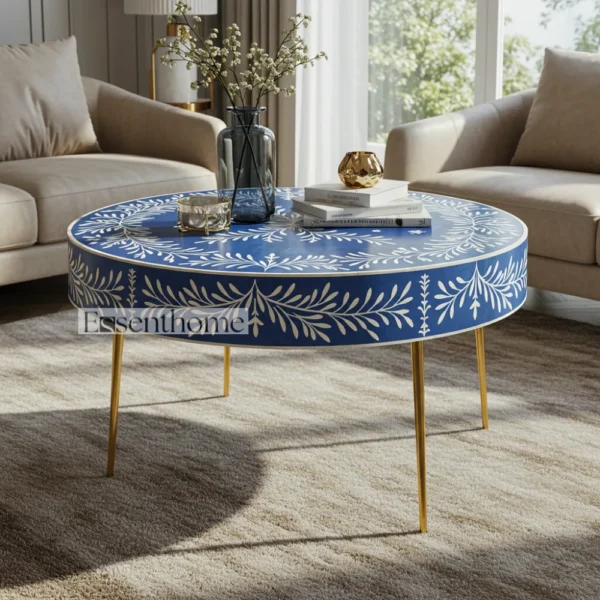 Round bone inlay coffee table - Blue