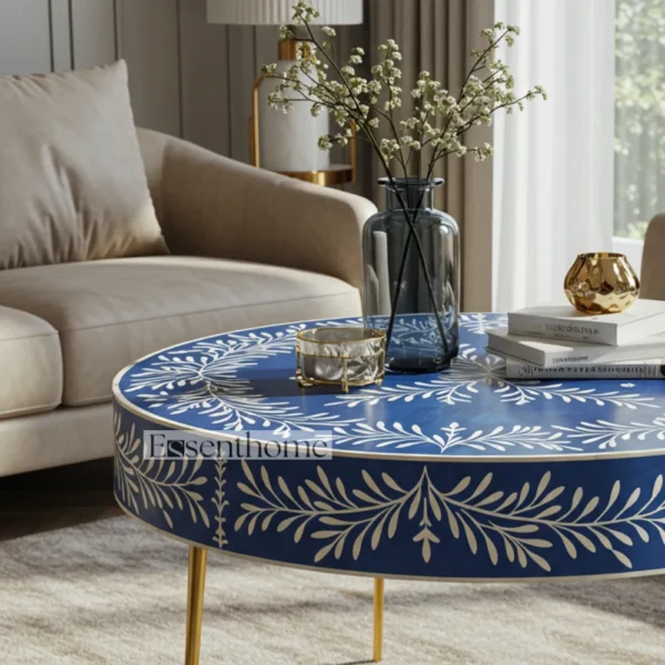 Round bone inlay coffee table - Blue - Image 2