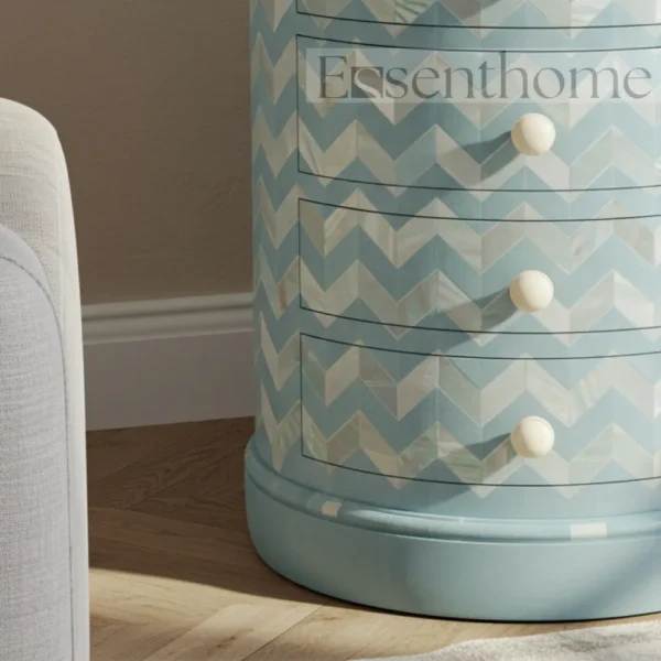 Sky Blue Chevron Round Nightstand – 4 Drawer Handmade Table - Image 4