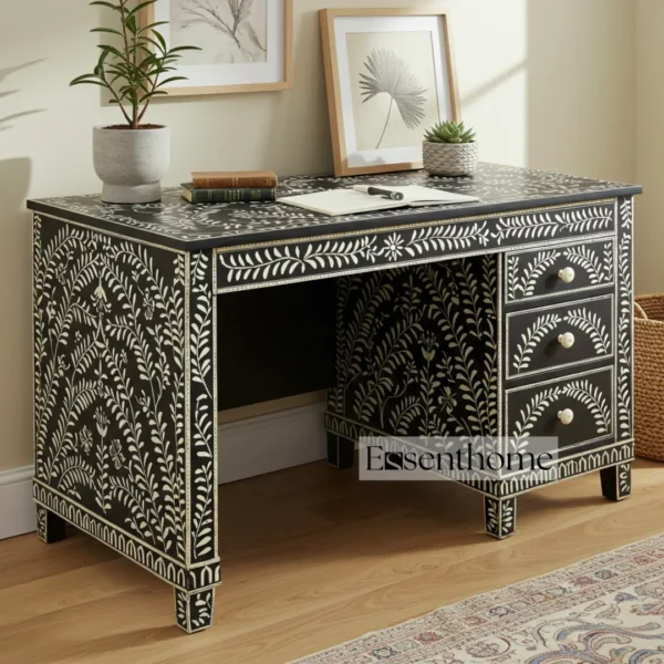 "Essenthome Black Bone Inlay Writing Desk – Handmade, 4 Drawers"