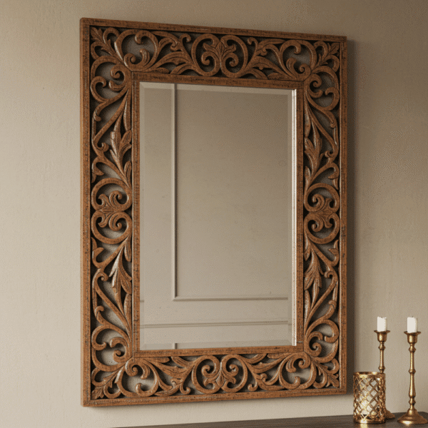 Traditional Handcarved Wooden Wall Mirror – Brown Frame