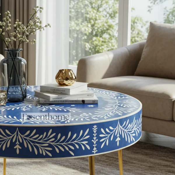 Round bone inlay coffee table - Blue - Image 3