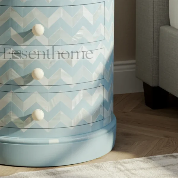 Sky Blue Chevron Round Nightstand – 4 Drawer Handmade Table - Image 5