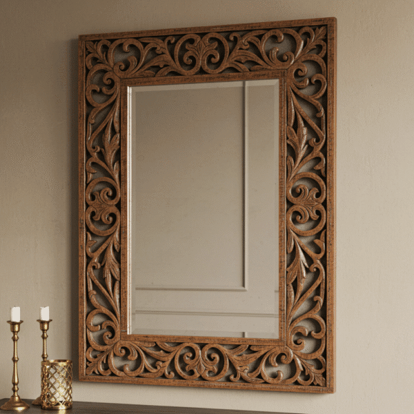 Traditional Handcarved Wooden Wall Mirror – Brown Frame - Image 2