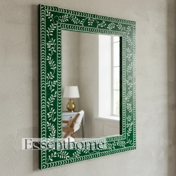 Handmade Bone Inlay Wall Mirror Floral Pattern Green ? Free Photo Frame