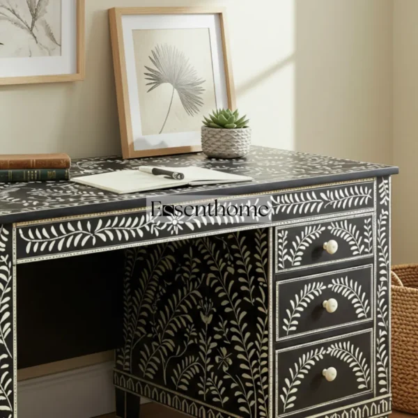 "Essenthome Black Bone Inlay Writing Desk – Handmade, 4 Drawers" - Image 2