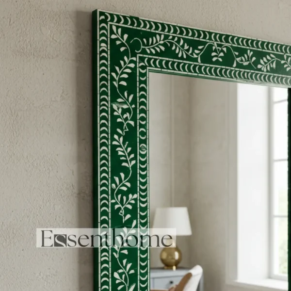 Handmade Bone Inlay Wall Mirror Floral Pattern Green ? Free Photo Frame - Image 2
