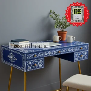 Essenthome Handmade Blue Bone Inlay Desk ? Floral Pattern Console Table with Drawers & Golden Legs | Luxury Home Office & Living Room Furniture