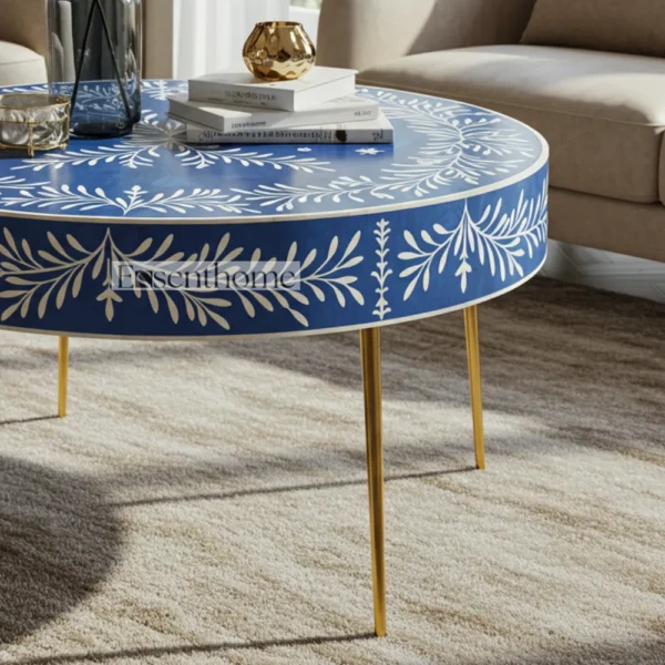 Round bone inlay coffee table - Blue - Image 6