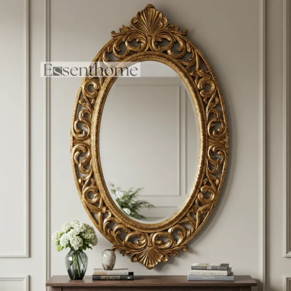 Gold wooden wall mirror - Oval Floral