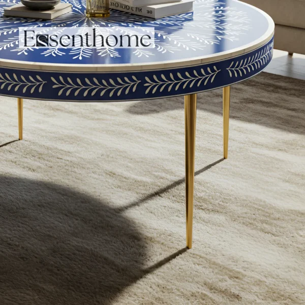 Essenthome Blue Bone Inlay Round Coffee Table ? Handmade Floral Accent Table - Image 2