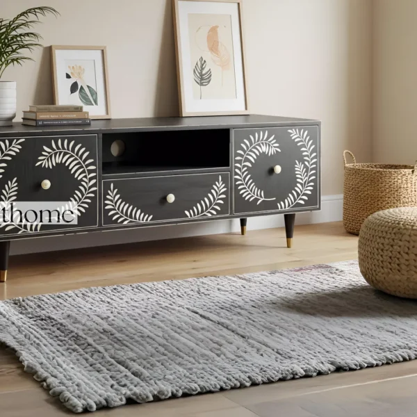 Essenthome Black Floral Inlay Wooden TV Unit ? Handcrafted Media Console with Storage - Image 2