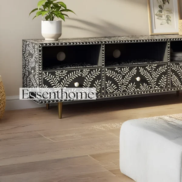 Essenthome Black Floral Inlay Wooden TV Unit ? Handcrafted Media Console with Storage - Image 4