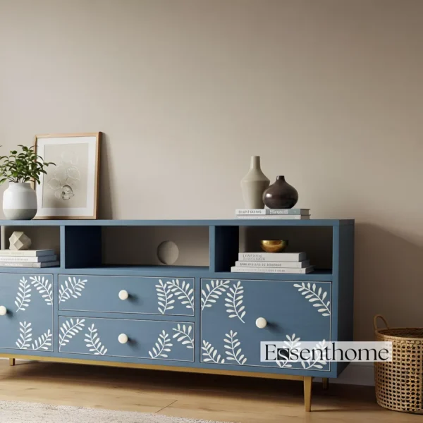 Essenthome Blue Floral Inlay Wooden TV Unit ? Handcrafted Media Console with Storage - Image 3