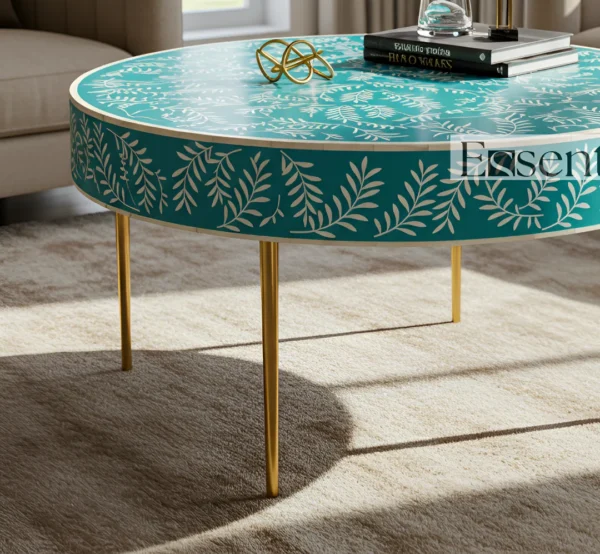 Essenthome Green Bone Inlay Round Coffee Table ? Handmade Floral Accent Table with Gold Metal Legs - Image 4