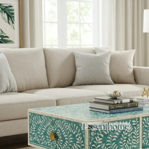 Essenthome Teal Bone Inlay Coffee Table with Storage & Brass Legs - Image 4