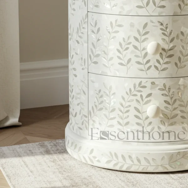White Floral Mother of Pearl Round Nightstand – Handmade 3 Drawer Bedside Table - Image 4