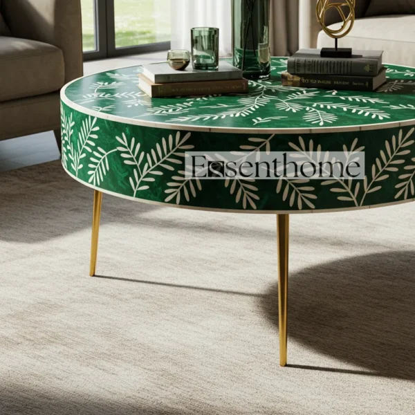 Essenthome Green Bone Inlay Round Coffee Table ? Handmade Floral Accent Table with Gold Metal Legs - Image 4