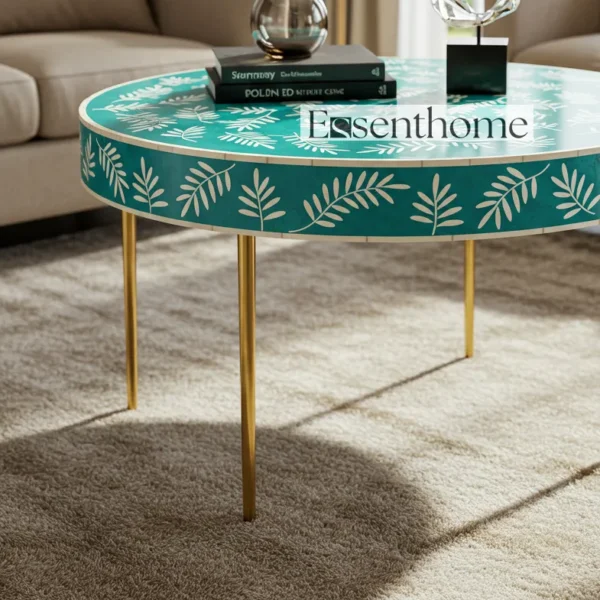 Essenthome Green Bone Inlay Round Coffee Table ? Handmade Floral Accent Table with Gold Metal Legs - Image 4