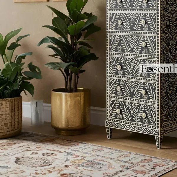 Handmade Black Bone Inlay Tallboy Dresser ? 6 Drawer Floral Storage Cabinet - Image 4