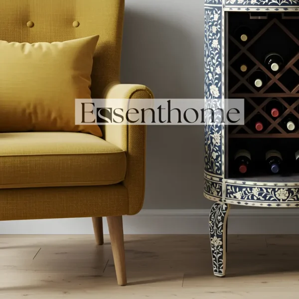 Essenthome Blue Floral Bone Inlay Wine Wooden End Table - Image 4