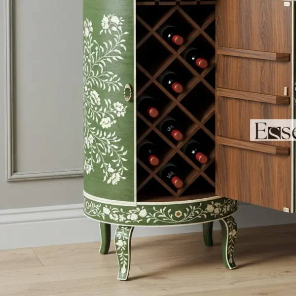 Essenthome Pink Floral Bone Inlay Wine Cabinet – Handmade bar storage cabinet with Glass & Bottle Holders - Image 4